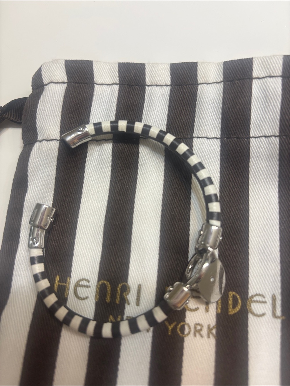 Henri Bendel Brown and white leather signature Striped Logo Charm Bracelet - Picture 5 of 6